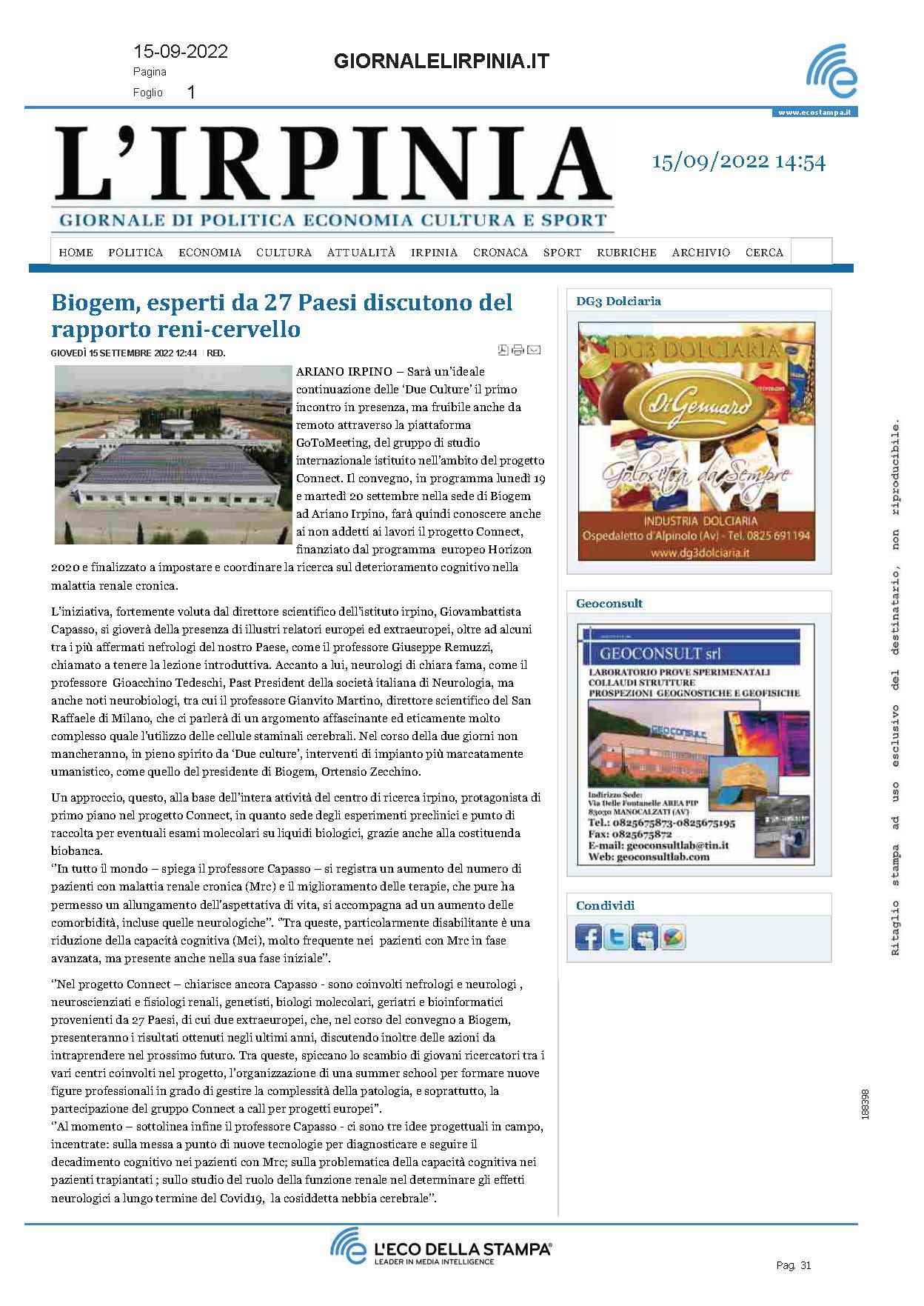 Biogem, esperti da 27 Paesi discutono del rapporto reni‐cervello